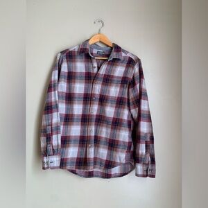 Eddie Bauer Plaid Flannel Shirt Men’s L Gray Red Button-Up Outdoors Cotton